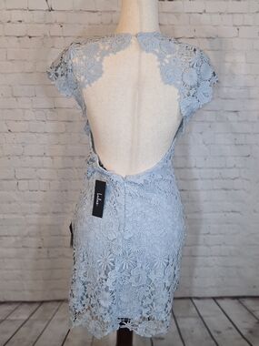 Lulus Romance Language Light Blue Backless Lace Mini Dress‎ size S